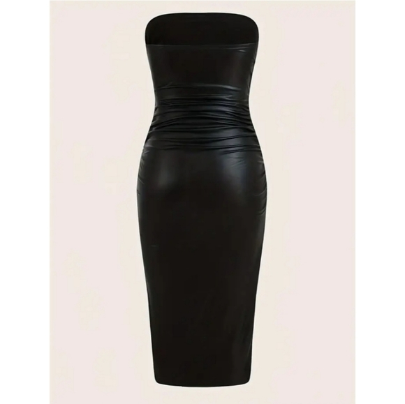 bebe vegan leather dress Bebe Women's Faux Leather Lace Illusion Midi Dress